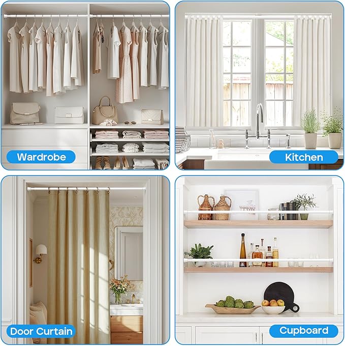 Tension Rod 28 to 48 inch, Adjustable Curtain Rods No Drilling Spring Rods Extendable Pressure DIY Tension Rod for Window Closet Kitchen, White