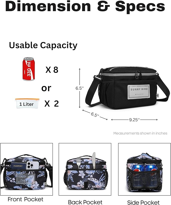 SUNNY BIRD Insulated Lunch Bag with Foldable and Leakproof Design, Thermally Insulated, Shoulder Strap for Women, Men and Teen (Hibiscus)