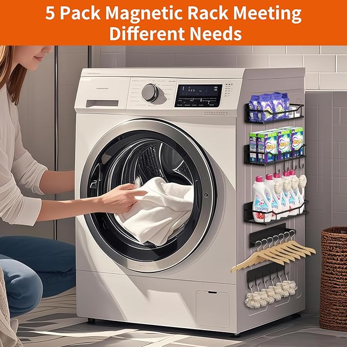 Magnetic Spice Rack, Multifunctional Magnetic Shelf for Washing Machine, Refrigerator, Microwave, and Any Metal Surface, Powerful Magnetic Shelves Include Magnetic Paper Towel Holder (5 pcs - Black)