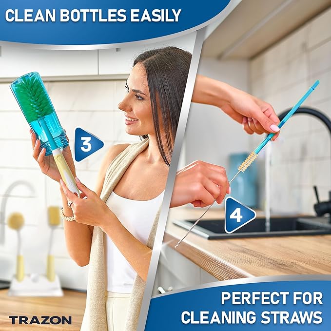 Dish Brush Set of 5 with Holder - Kitchen Scrub Brushes with Non-Slip Long Handle for Cleaning, Scrubber, Dishwashing, Dishes, Bottles, Straws, Cups, Pots & Sink, Beige