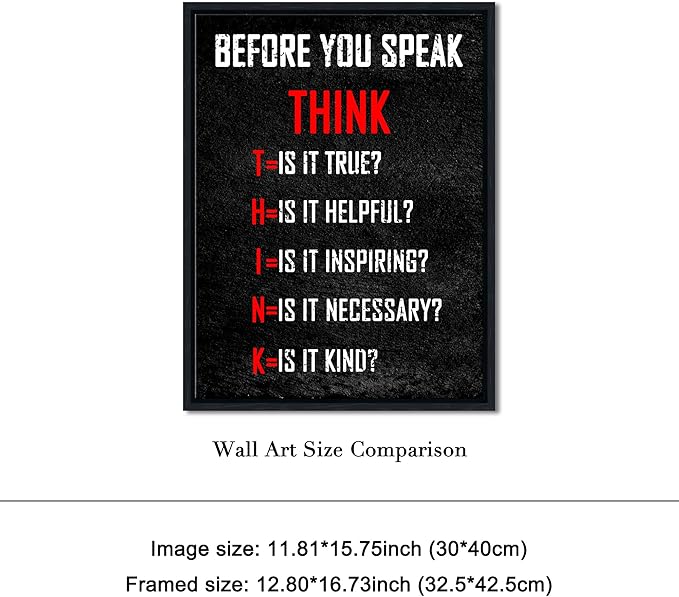 Pyradecor Black Framed Wall Art Inspirational Poster Canvas Prints Motivational Think Before You Speak Classroom Positive Quotes for Office Living Room Home Decorations