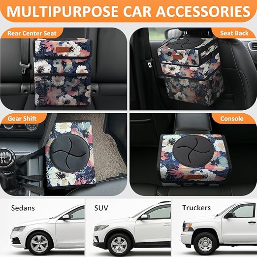 Vankor Car Trash Can for Car Cute, Trash Bag Bin Hanging Waterproof Automotive Garbage Cans Leak Proof Vehicle Trash Can Painting Floral