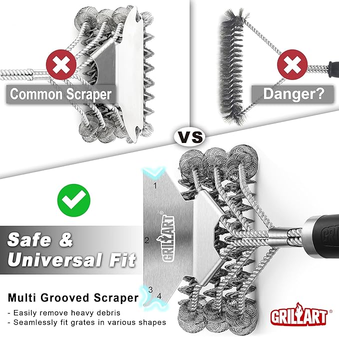 Grill Brush and Scraper Bristle Free – Safe BBQ Brush for Grill – 18'' Stainless Grill Grate Cleaner - Safe Grill Accessories for Porcelain/Weber Gas/Charcoal Grill – Gifts for Grill Wizard