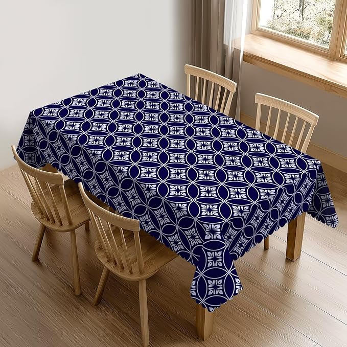 VIMPEYDON Indigo Circles Flower Table Cloth for Dining Tables, Reusable Blue White Abstract Floral Tablecloths Tabletop Decoration Rectangle Table Cover for Kitchen, Party, Holiday, 54x72 Inch