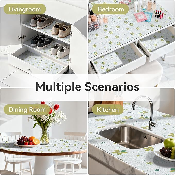 FIFTY FEET 12"x120" Non-Adhesive Shelf Liner for Kitchen Cabinets and Drawers, Washable Non-Slip PVC Cabinet Liner (Green Floral)(6 Roll)