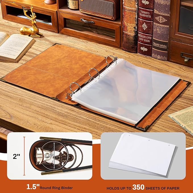 Ovesmusl PU Leather 3 Ring Binder Fits 8.5"x11" Letter Size Paper, 1.5 Inch Round Ring Binder Holds 350 Sheets, Notepad Paper Cover Loose Leaf Organizer, Black Sun