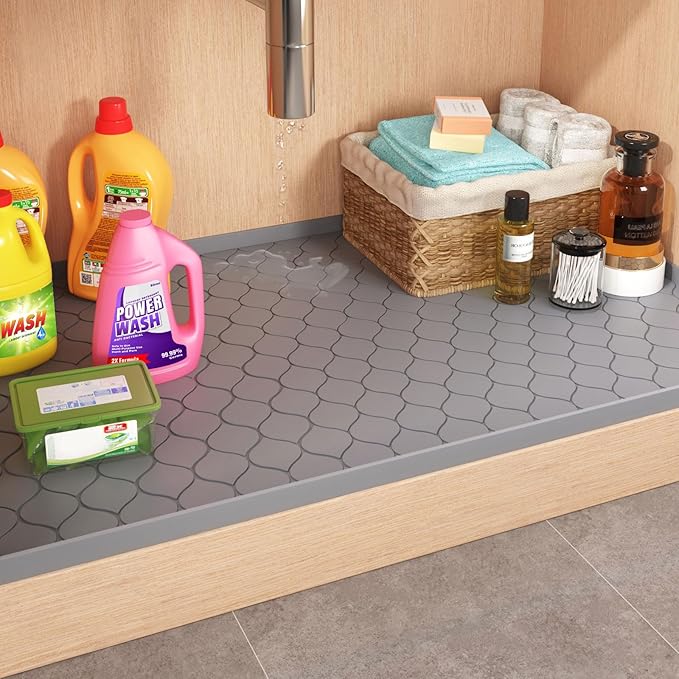 Silicone Under Sink Mat 22" x 22", kitchen Essentials and Gadgets, Shelf liner and Cabinet Protector, Home Organizers and Storage, Waterproof Bathroom Tray