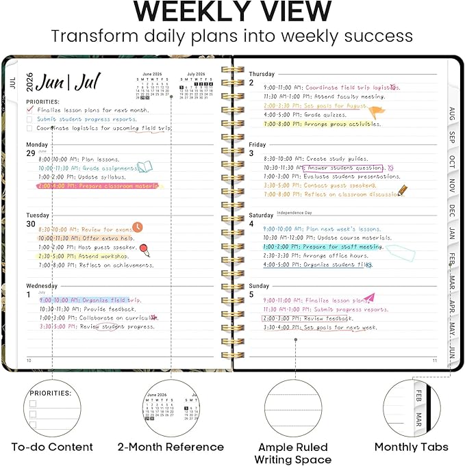 Academic Planner 2026-2027, Weekly and Monthly Calendar Book, July 2026 – June 2027, Hardcover Planner with Tabs, Perfect for Teachers, Students, Women & Men, A5 (6.4" x 8.5") - Forest Botanica