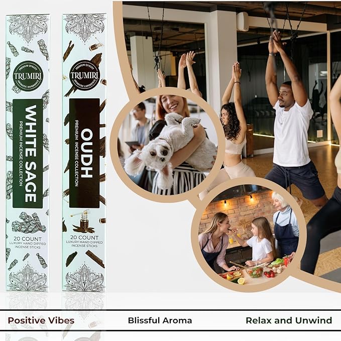 Trumiri Incense Sticks - Combo Pack of 40 Insence-Sticks - 20 White Sage + 20 Oud - Insenses - Insents - Incents - Inscense - Incence - Incienso - All Natural Incense Sticks