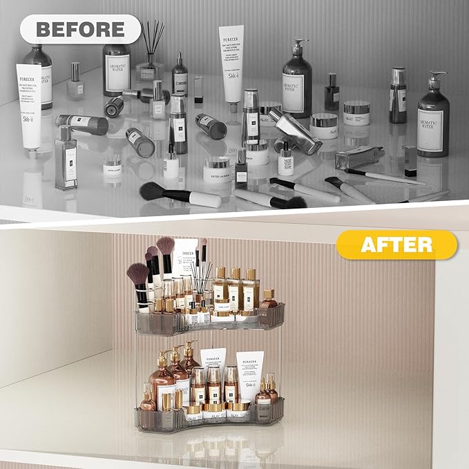 2-Tier Corner Bathroom Counter Organizer with Top Toothbrush Holders, Large Makeup Organizer Countertop with Brush Holder, Skincare Organizers Corner, Exquisite Vanity Organizer (Gray, 2 Tier)