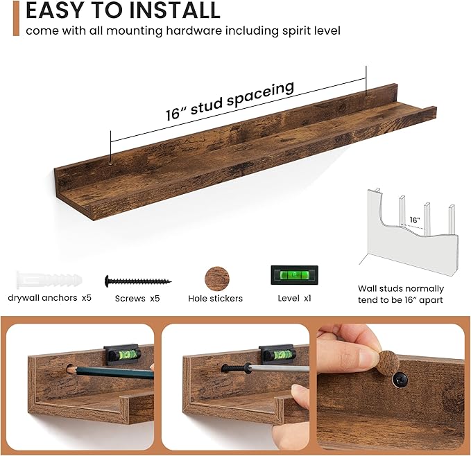 Fun Memories Picture Ledge Shelves, Set of 2, 32 Inch Rustic Wall Mounted Floating Shelves with Lip for Home Storage and Decor in Bathroom, Kitchen, Nursery, Bedroom, Living Room, Brown