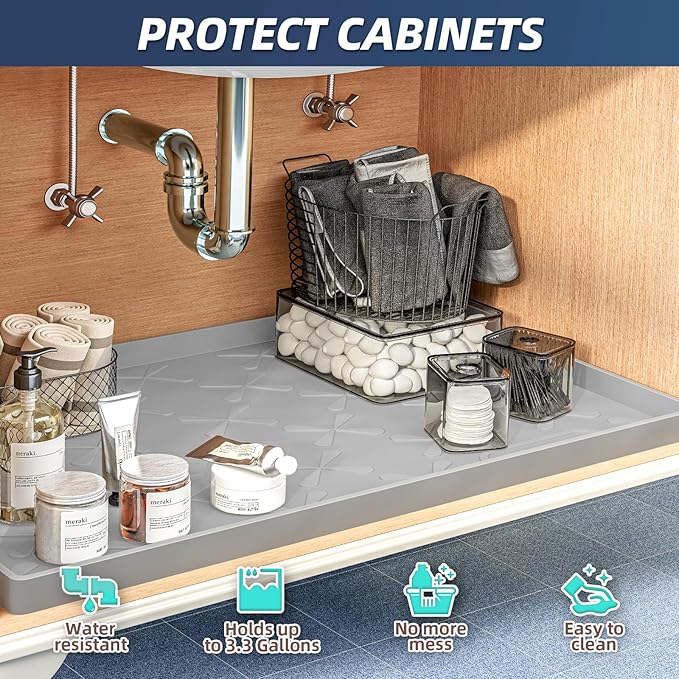 SIKADEER 25" x 22" Under Sink Mat Waterproof, Silicone Mat Kitchen Drawer Shelf and Cabinet Liner, Sink Protector for Kitchen Organizers and Storage, Boot Tray Pet Food Mats