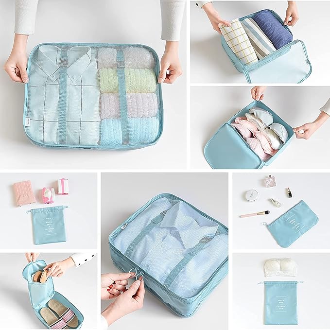 LANSKLBD 8 Set Packing Cubes for Suitcases Travel Luggage Packing Organizers, Travel Essentials Accessories Luggage Organizer with Shoe Bag Toiletry/Laundry Bag (light blue)