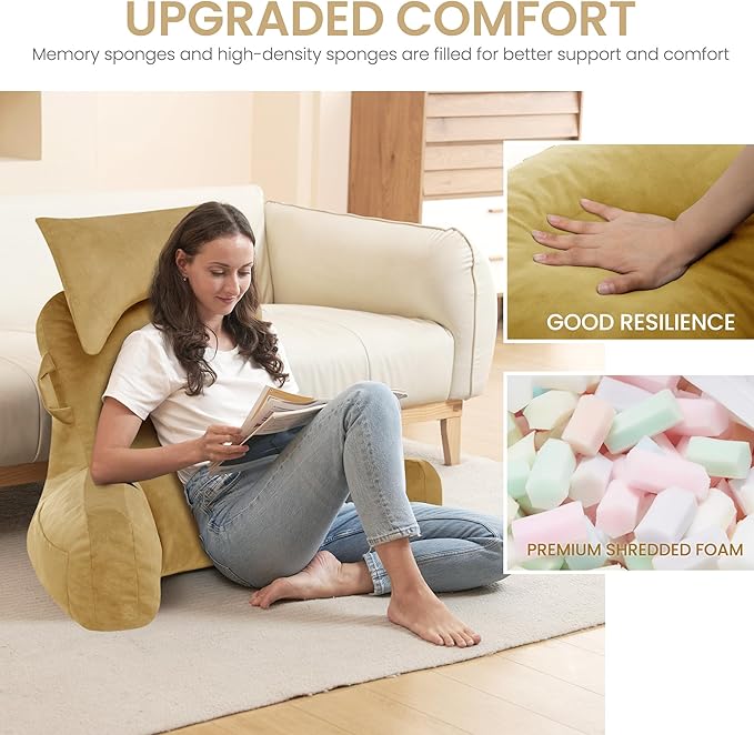 Portable Reading Pillows with Headrest for Bed Sitting Up(Camel Oeko-Tex), Velvet Back Pillow with Arms & Pockets for Adults, Support Memory Foam Bed Pillow for Dorm/Reading/Watching/Gaming