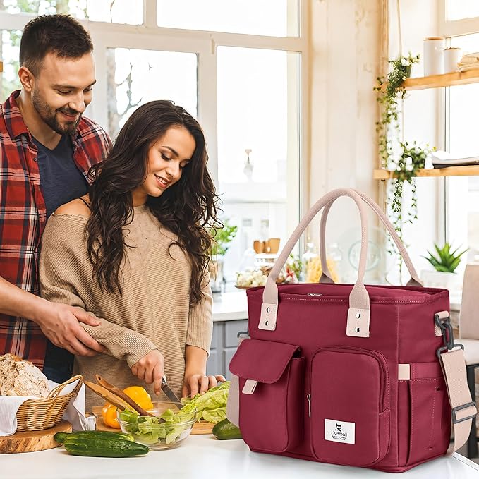 Hafmall Large Insulated Lunch Bag for Adults, Wide Opening Insulated Bag with Shoulder Strap, Lunch Bags for Women, Reusable Adult Lunch Tote Bag For Work, Picnic (Red)
