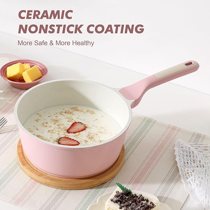 SENSARTE Ceramic Nonstick Saucepan with Lid 1.5 Quarts, Small Kitchen Cooking Pot with Stay Cool Handle, Induction Compatible, Ceramic Coating, Free of Intentionally Added PTFE/PFOA/PFAS, Sakura Pink