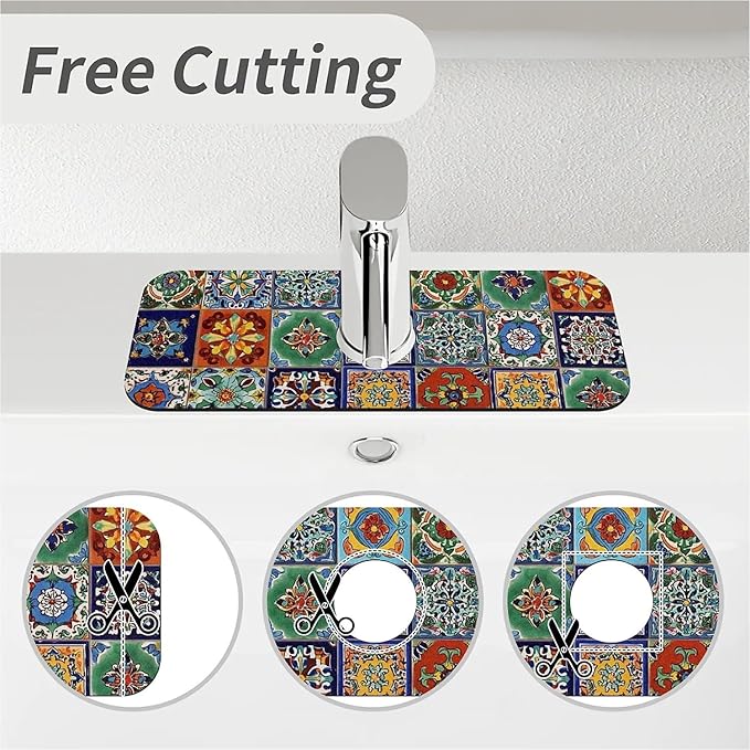 Kitchen Sink Splash Guard，Colorful Mexican tile Faucet Mat Sink Gadgets-Super Absorbent Fast Drying Mat Drip Catcher for Kitchen, Bathroom,Sink Mat, Dish Drying Mat, Bathroom(15" X 5.5" )