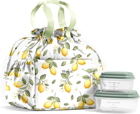 Fit & Fresh Cromwell Drawstring Lunch Bag for Women, Complete Lunch Set with 2 Containers, Stain-Resistant, Leak-Resistant, Back to School Essential, Teacher Lunchbox, Lemons