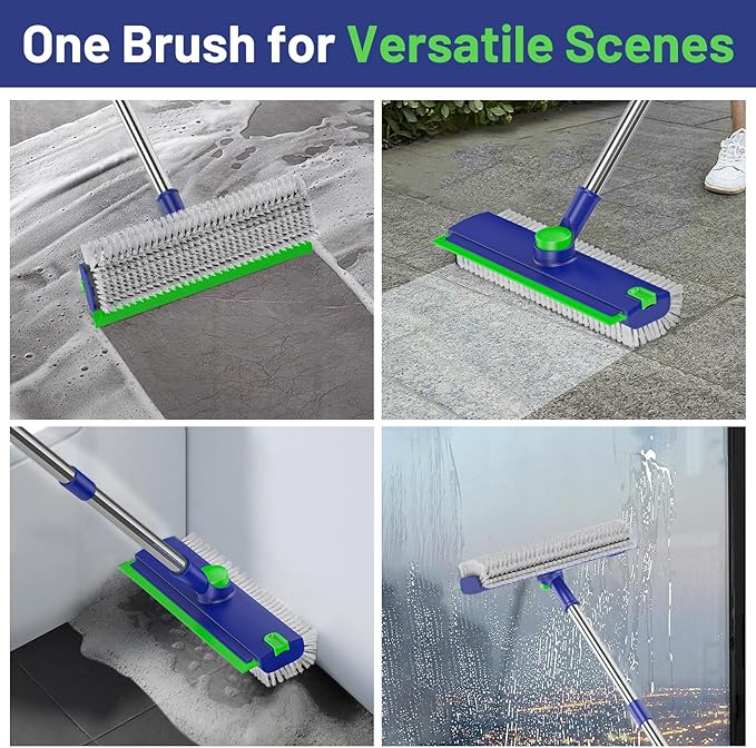 EHADOO Floor Scrub Brush with Long Handle: 3 in 1 Heavy-Duty Floor Scrubber Brush with Squeegee for Cleaning Tile Bathroom Deck Kitchen Patio