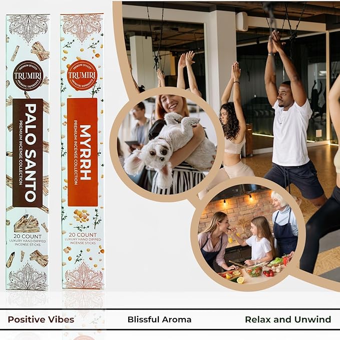Trumiri Incense Sticks - Combo Pack of 40 Insence-Sticks - 20 Palo Santo + 20 Myrrh - Insenses - Insents - Incents - Inscense - Incence - Incienso - All Natural Incense Sticks