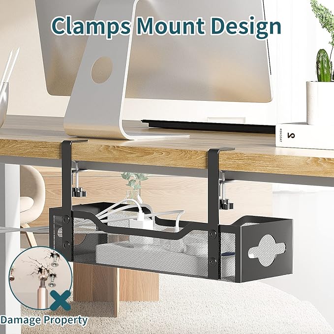 Under Desk Cable Management Tray 3 Pack, Cable Management Under Desk No Drill, Cable Organizer with Clamp for Wire Management, Cord Organizer for Office, Home - No Damage to Table (Black)