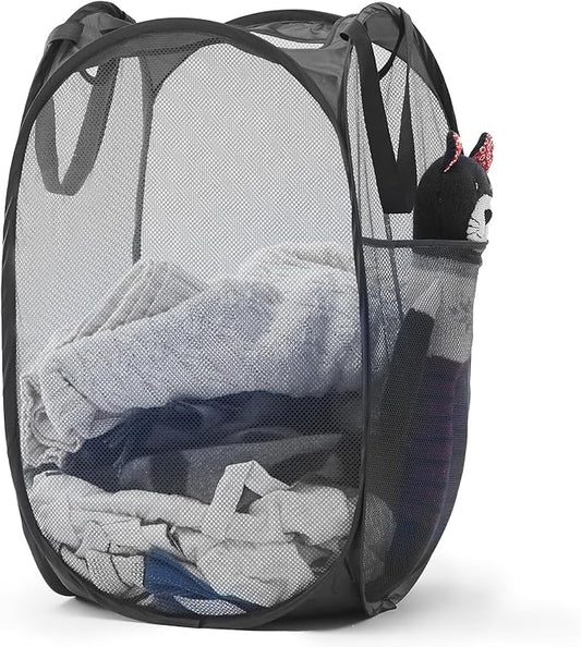 TECHMILLY Upgraded 105L Collapsible Mesh Pop Up Laundry Hamper with Sturdy Handles and Side Pocket - Portable Foldable Clothes Baskets for Dorm, Bathroom & Travel Storage (Black Plus)