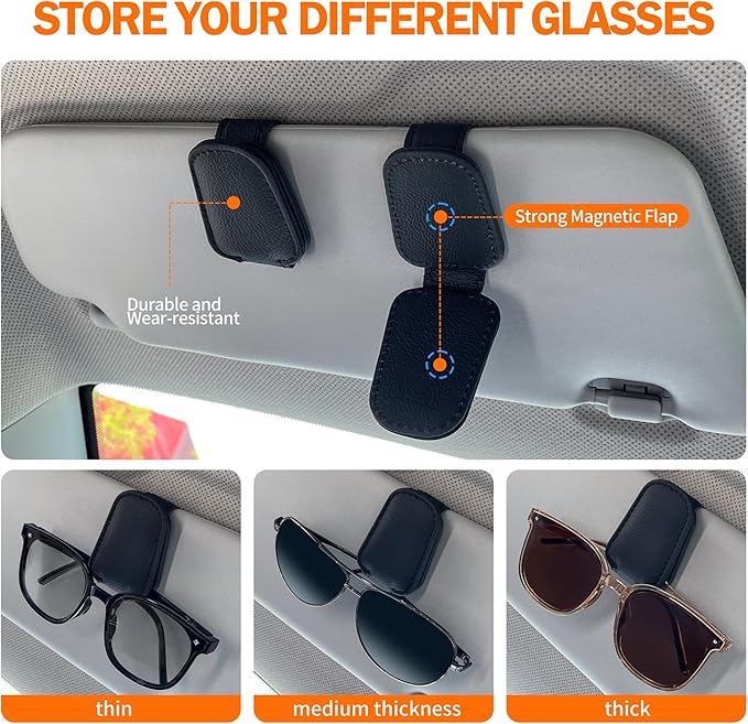 Shering Sunglasses Holders for Car Sun Visor, 2pack Magnetic Leather Glasses Eyeglass Hanger Clip for Car, Visor Sunglasses Holder Clip Car Accessories for Truck