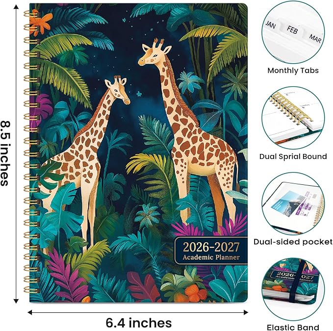 Academic Planner 2026-2027, Weekly and Monthly Calendar Book, July 2026 – June 2027, Hardcover Planner with Tabs, Perfect for Teachers, Students, Women & Men, A5 (6.4" x 8.5") - Giraffes