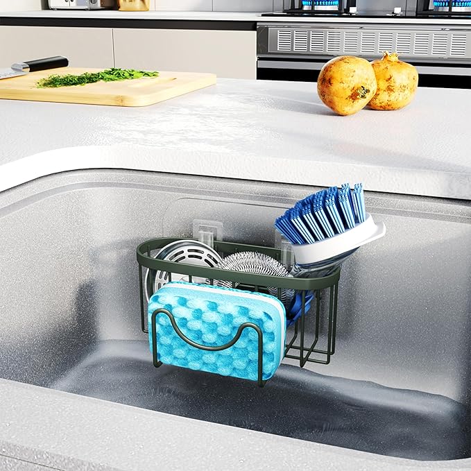 HapiRm Sponge Holder for Kitchen Sink - Sink Caddy with Unique M-Shaped Design, 2 Installation Methods Kitchen Organizer, Rustproof Stainless Steel Sponge Caddy - Green
