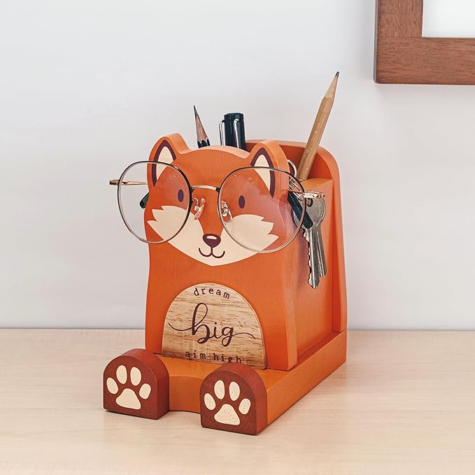 I'm a Solid Wood Multipurpose Eyeglass, Phone, Pen, and Pencil Holder Stand. I'm a Stationery Desk Box Organizer Accessories Decor, a Cute Home Office Desktop Decoration, and a great Birthday or Graduation Gift for Fox Lovers. (Fox)