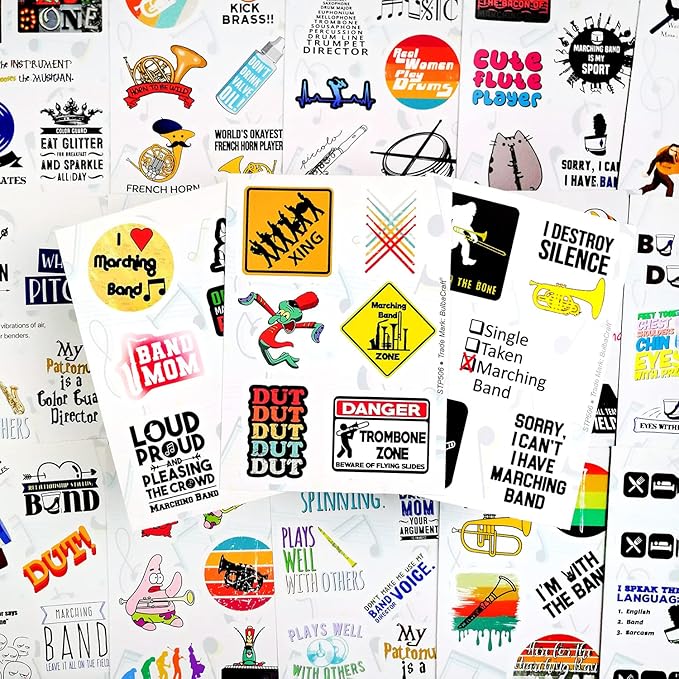 BulbaCraft 100Pcs Marching Band Stickers and Laptop Decals - Drummer Gifts, Marching Band Stuff, Gifts for Women & Men