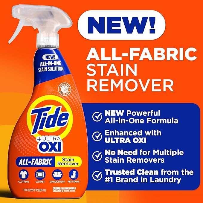 Tide Laundry Stain Remover Spray with Oxi, Travel Stain Remover for Clothes, Carpet, Upholstery, Pet Bedding, Stain Treater Spray for Tough Stains from Wine, Coffee, Grease, 3 Oz (Pack of 2)