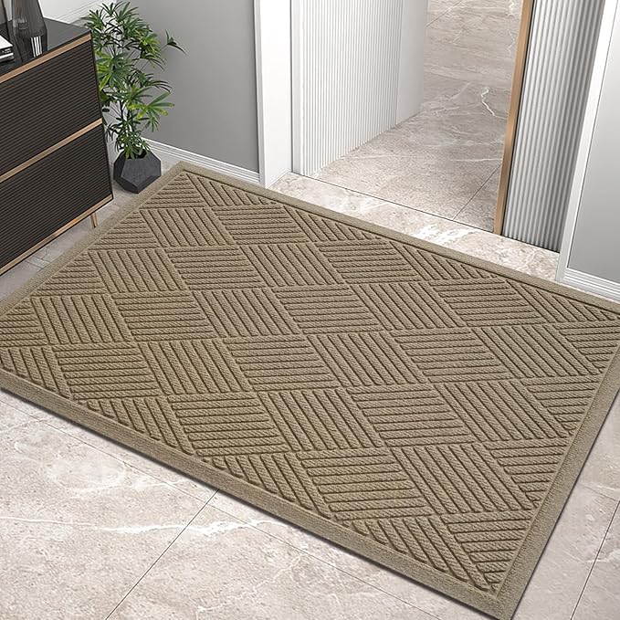 Sturdy Front Door Mat, Absorbent Muddy Dirt Resist Welcome Door Mats Outdoor Indoor, Stain and Fade Resistant, Non-Slip Rubber Backing Low Profile Doormat for Entryway, 36×24, Beige