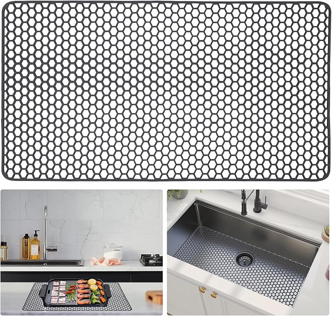 Sink Protectors for Kitchen Sink - 28.62" x 15.98" Silicone Mat - Can DIY Drain Holes - Non-slip Heat Resistant Liner for Bottom of Farmhouse Porcelain Stainless Steel（Grey）