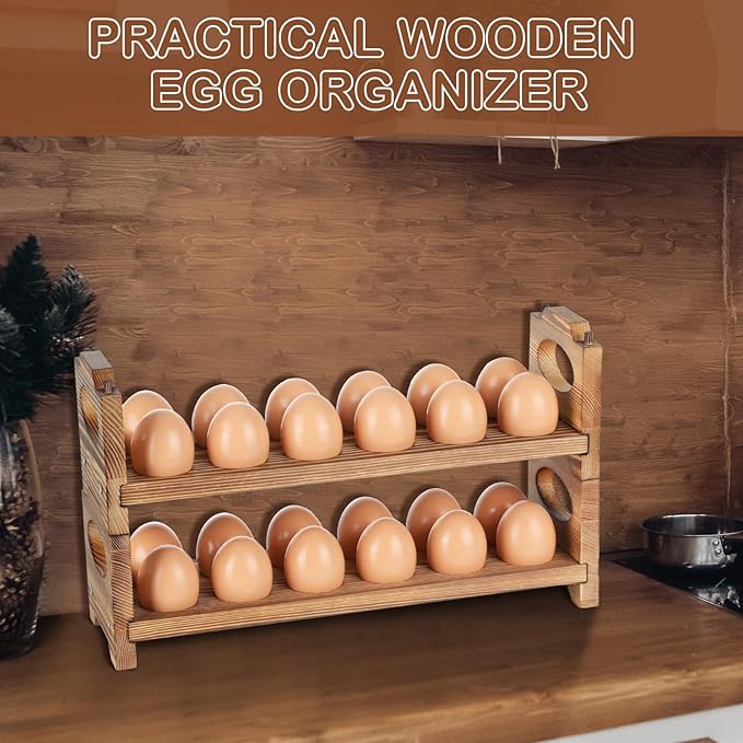 AOOHOOA Wooden Egg Holder & Storage-3Tier /36-Hole Stackable Holds Fresh Eggs, Farmhouse Eggs Rack Wood, Rustic Countertop Chicken Egg Organizer Wood with Distressed Finish for Home Kitchen Decoration