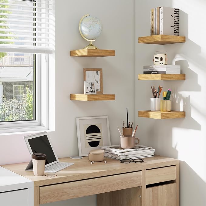 fuqing Floating Shelves for Wall, Wall Mounted Wood Floating Shelf with Invisible Brackets for Living Room, Bathroom, Bedroom, Kitchen Storage and Decor, 6.5 Inch Set of 3, Oak