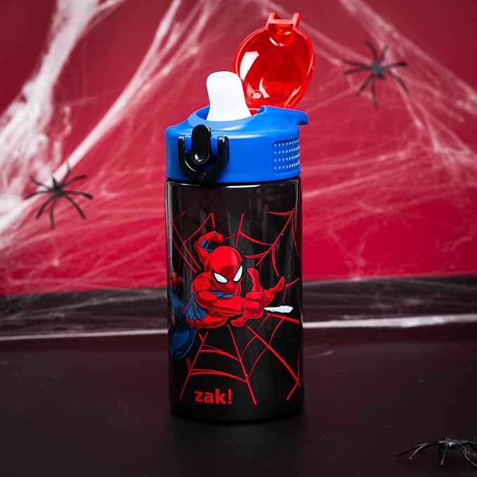 Zak Designs Marvel Sage Kids Water Bottle For School or Travel, 16oz Durable Plastic Water Bottle With Straw, Handle, and Leak-Proof, Pop-Up Spout Cover (Spider-Man)