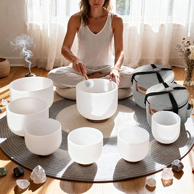 RYAN DVAN 432Hz 7-12 inch Crystal Singing Bowl Set of 7 with Free Carrying Case, Frosted Quartz Sound Bowls for Chakra Healing, Meditation,Yoga,Sound Therapy,Mindfulness,Relaxation & Stress Relief