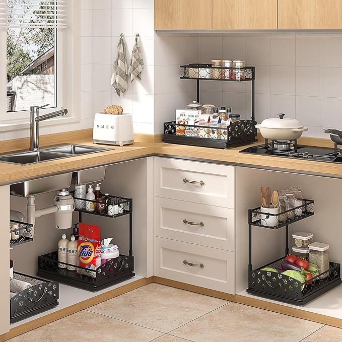 3 Pack Under Sink Organizers, 2-Tier Multi-Use Kitchen and Bathroom Organizers and Storage with Sliding Drawers, Bathroom Cabinet Organizer (Metal, 2 Pack)