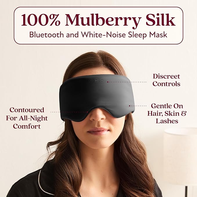 SilkSound 100% Mulberry Silk Bluetooth Sleep Mask for Side Sleepers, Sleeping Eyemask with Bluetooth Headphones, Eye Mask Headphones, Sleep Headphones for Side Sleepers, White Noise Head Phones