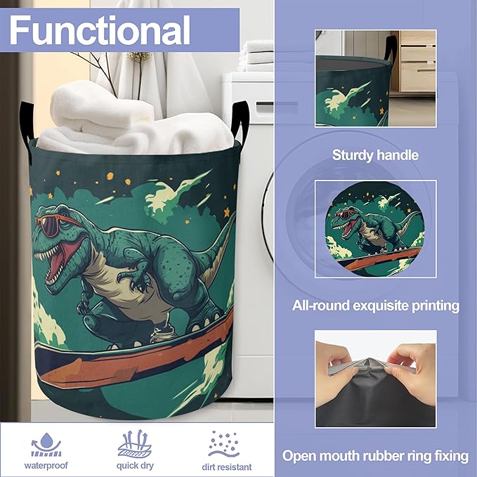 Cute Tyrannosaurus Rex Laundry Basket - Large Foldable Hamper Holder Portable Tall Collapsible Laundry Hamper Storage Basket Bin with Handles, Canvas & Waterproof Lining for Household Items