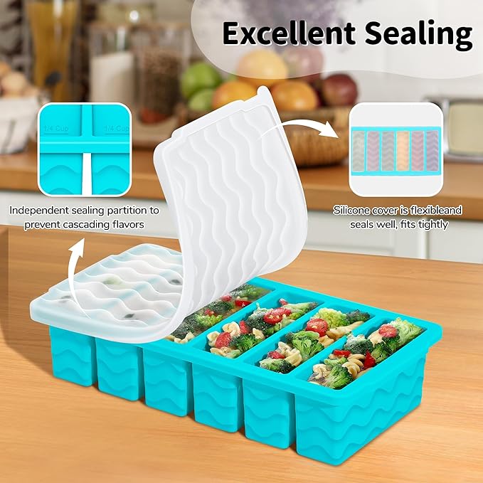 3-Pack Silicone Freezer Trays with Lid,2 Large 2-Cup(500ml)&4 Medium 1-Cup(125ml)&6 Small 1/2-Cup(75ml) Soup Freezer Container Molds,Ice Cube Tray For Meal Prep&Freezing Soup,Stews,Sauces