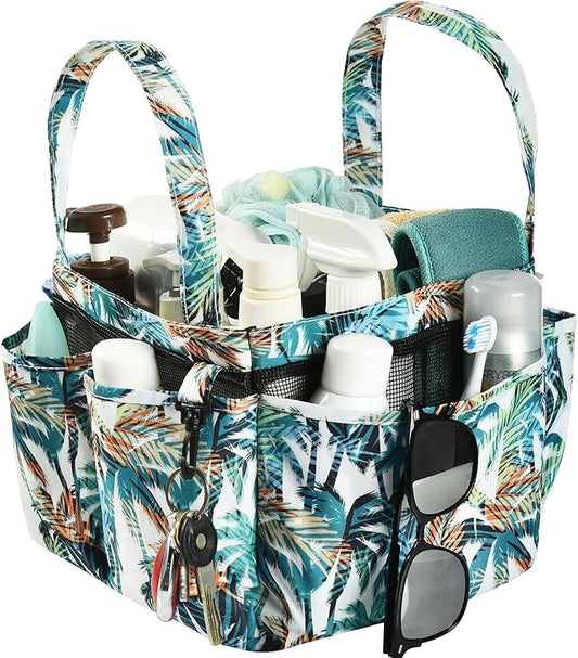 Haundry Shower Caddy Bag, Portable Mesh Shower Basket Organizer with Key Hook for College Dorm Bathroom Camp Gym, Hanging Tote Bag with 8 Pockets, Coconut Tree
