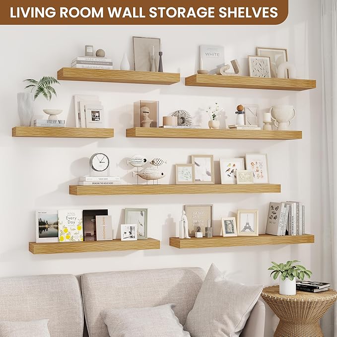 fuqing Floating Shelves for Wall, Wall Mounted Wood Floating Shelf with Invisible Brackets for Living Room, Bathroom, Bedroom, Kitchen Storage and Decor, 36 Inch Set of 2, Oak
