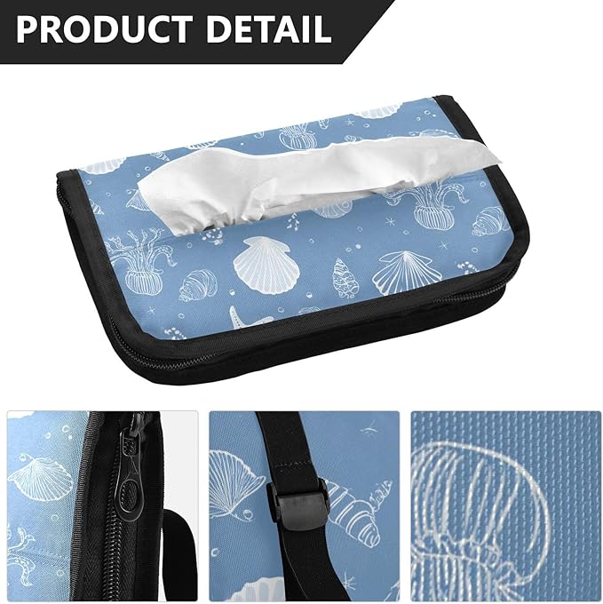 Car Tissue Holder Car Napkin Holder Car Tissue Box Dispenser Storage Case Sun Visor Mask Holder with Adjustable Straps Reusable Refillable Simple Seashells Starfish Blue