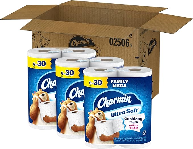 Charmin Ultra Soft Cushiony Touch 2-Ply Toilet Paper, 18 Family Mega Rolls = 90 Regular Rolls, White