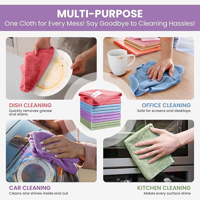 SIFANGKE Microfiber Cleaning Cloth, 100 Pack Assorted Color Cleaning Rags for Housekeeping, Colorful Reusable Microfiber Towels for Car, Kitchen, Bathroom and Household Cleaning Supplies, 11.8"X11.8"