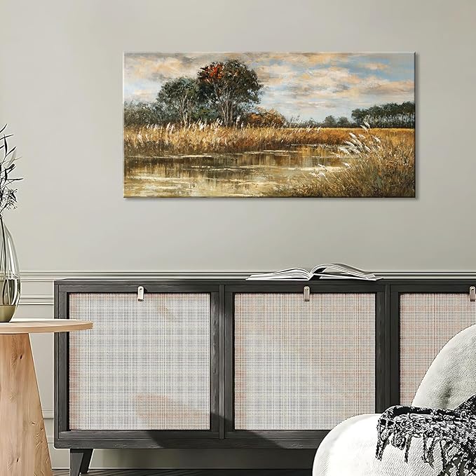 ZESTRILIA Wilderness Meadow Canvas Wall Art Wildflower Field Tree Oil Painting Reproduction Print Rustic Retro Vintage Artwork Landscape Picture for Country Farmhouse Living Room Bedroom (20x40inch)