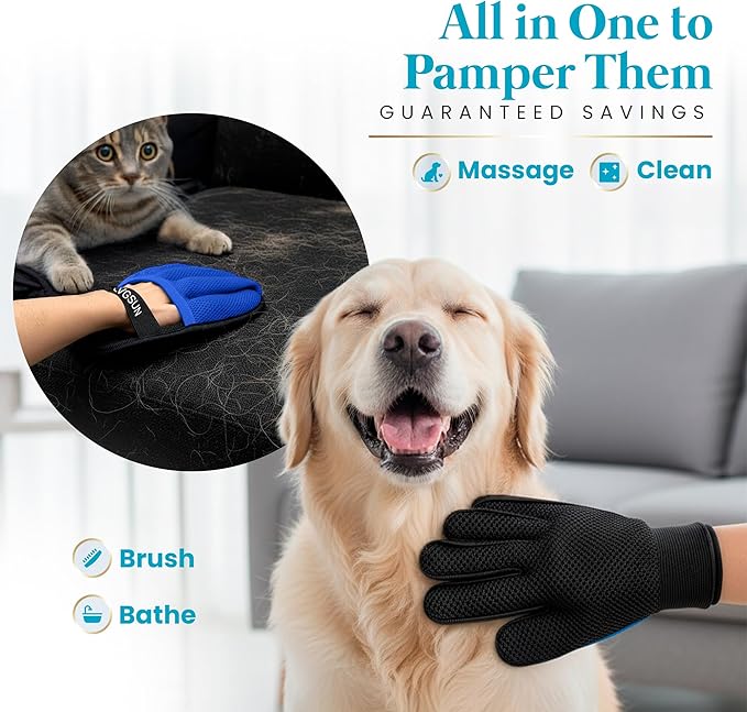 Cat Grooming Gloves for Shedding – Pet Hair Remover Set with Self-Cleaning Mitt – 2 Grooming Gloves + 1 Reusable Pad for Cats & Dogs – Long & Short Hair Deshedding