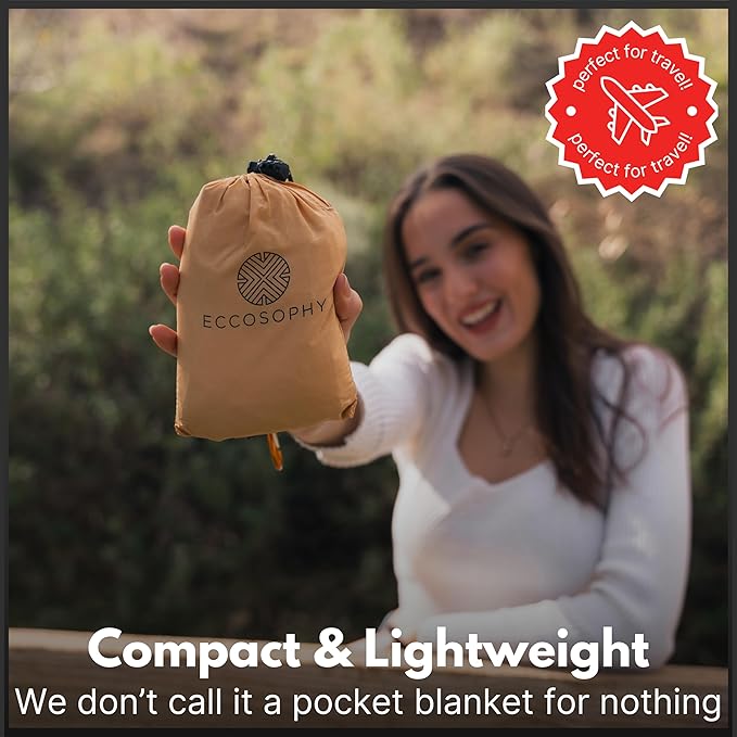 ECCOSOPHY Sand Proof Beach Blanket - Waterproof Picnic Blanket 60x55 Outdoor Compact Pocket Blanket Lightweight Ground Cover for Hiking Camping Festivals Sports Travel with Bag & Stakes (Caramel)